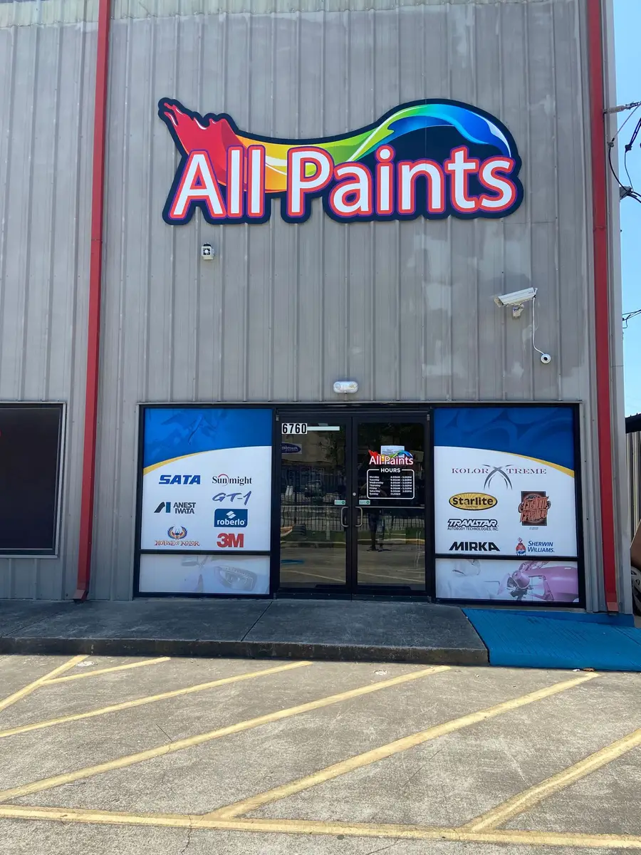 Cabinet storefront sign for All Paints retail supply store in Houston, Texas, with product logo window graphics