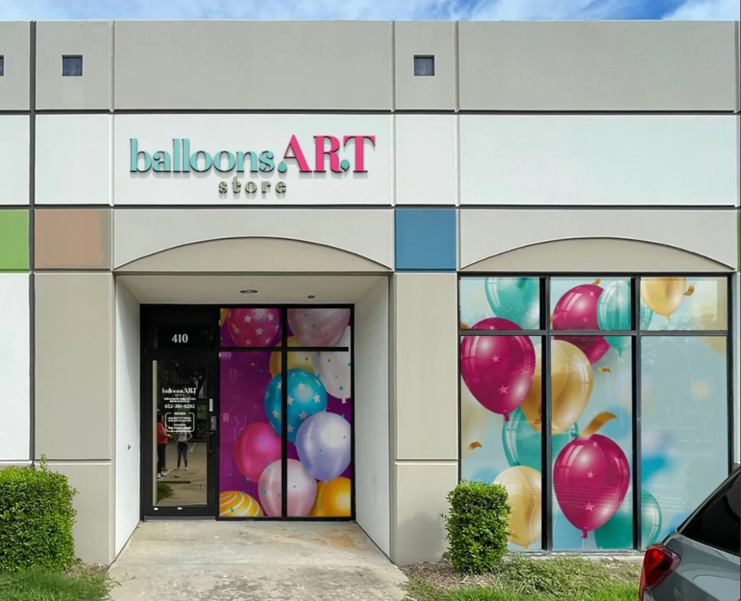 Dimensional letter storefront sign for Balloons Art Store retail shop with window graphics in Houston, Texas