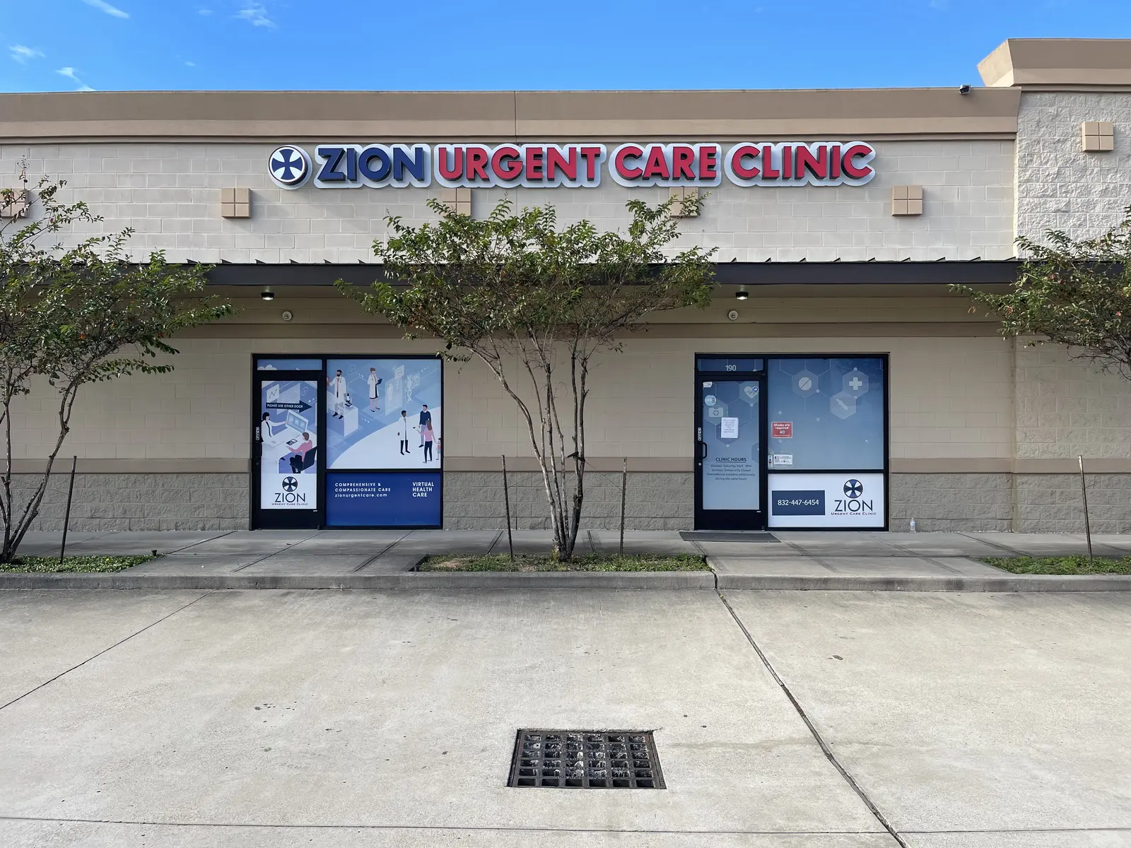 Illuminated storefront sign for Zion Urgent Care Clinic in Houston, Texas, with channel letters and window graphics